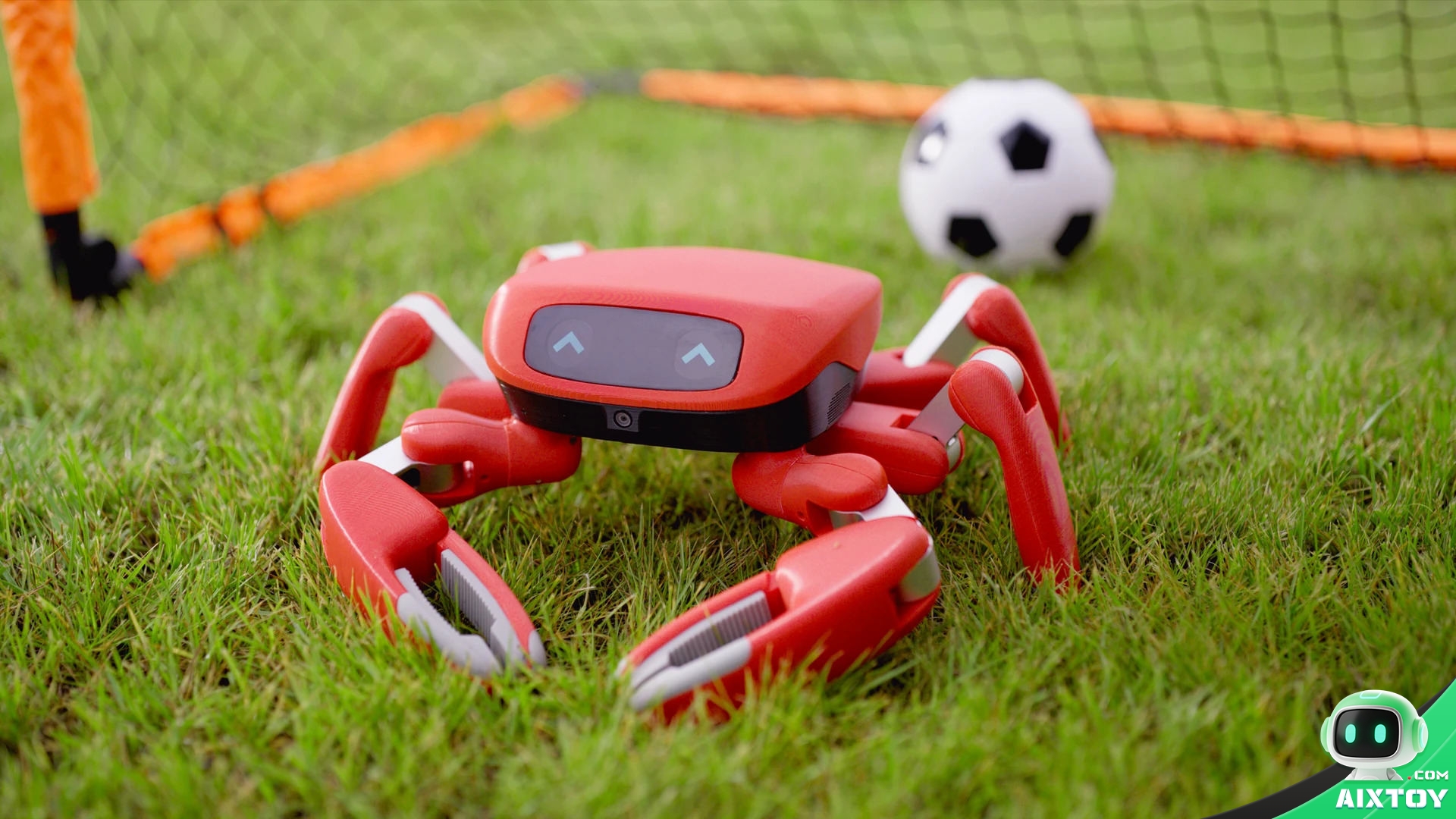 Jumper crab robot standing on grass in front of a football and a goal net, showing its two digital eyes