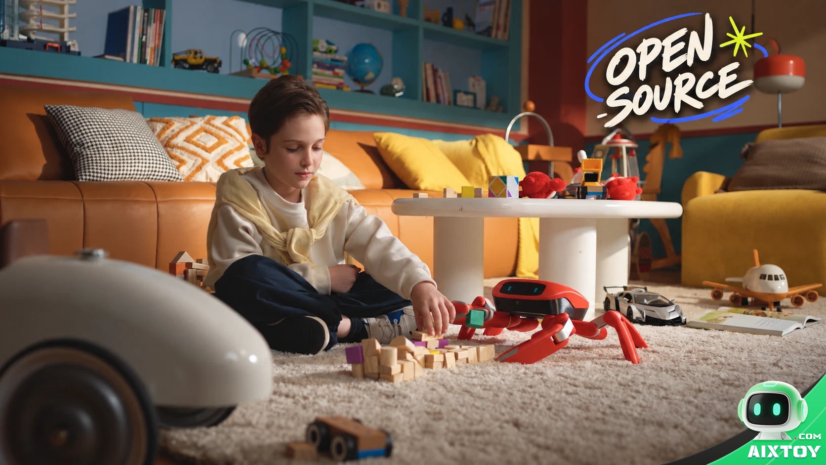 jumper crab robot kid playing open source A child playing on the floor with the Jumper crab robot beside wooden blocks, with an open source badge