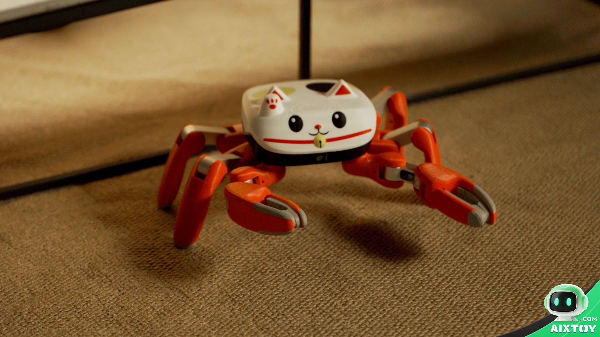 jumper crab robot lucky cat skin carpet Jumper crab robot wearing a lucky cat shell with cat face graphics on a carpet