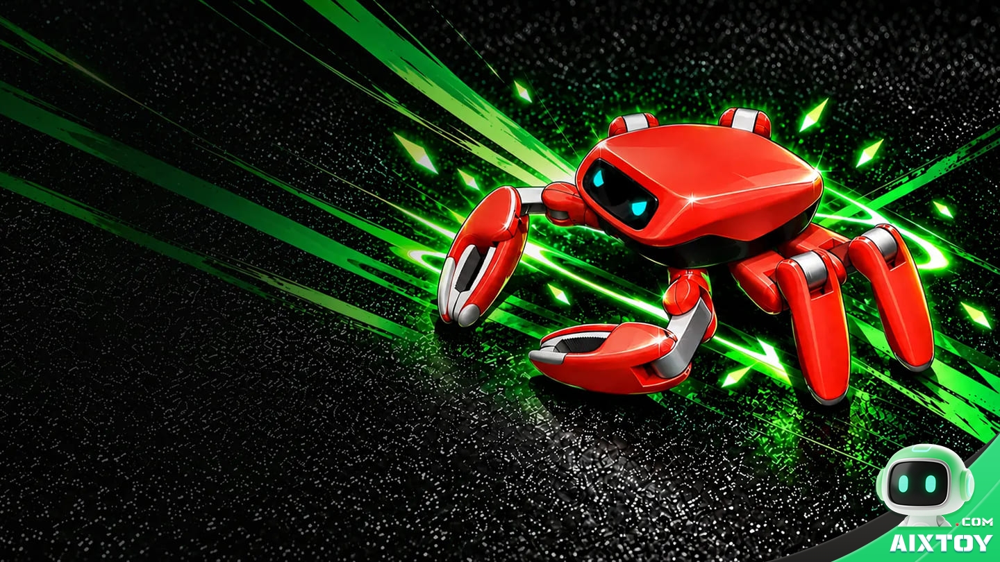 Jumper Crab Robot Official Hero Jumper crab robot in red on a dark green background with green motion light streaks, official key art