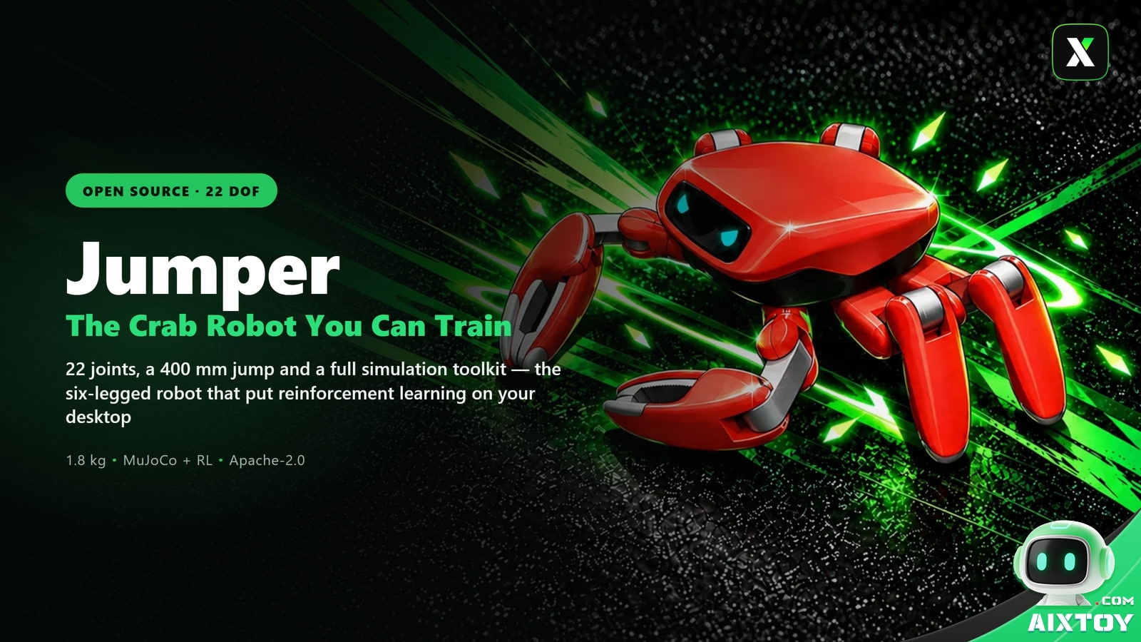 Jumper, a red 22-joint six-legged open-source crab robot, on a dark background with green light streaks