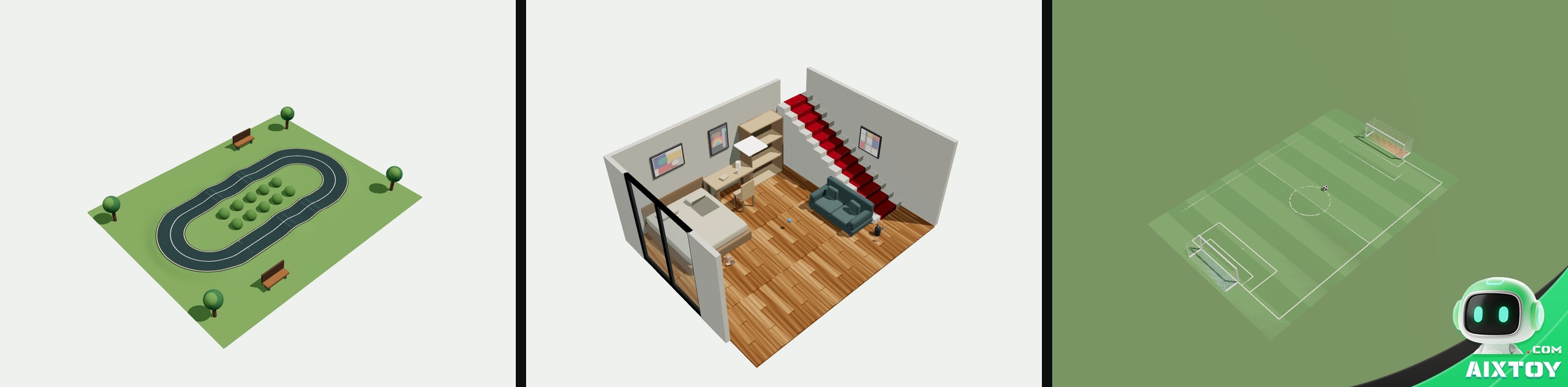 Three simulated Jumper scenes rendered in the design tool: a park pump track, a bedroom and a soccer pitch Three simulated Jumper scenes rendered in the design tool: a park pump track, a bedroom and a soccer pitch