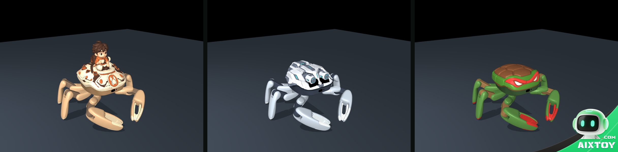 jumper crab robot skins warm sand silver armor raphael Three Jumper shell designs rendered in the design tool: warm sand ranger, silver armour and Raphael turtle