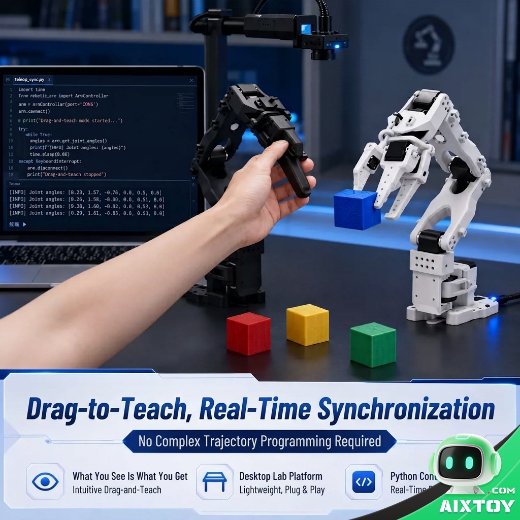 LeRobot SO-ARM101 open-source 6-axis AI robotic arm master-slave teleoperation, a hand guiding one arm as a second arm mirrors the motion