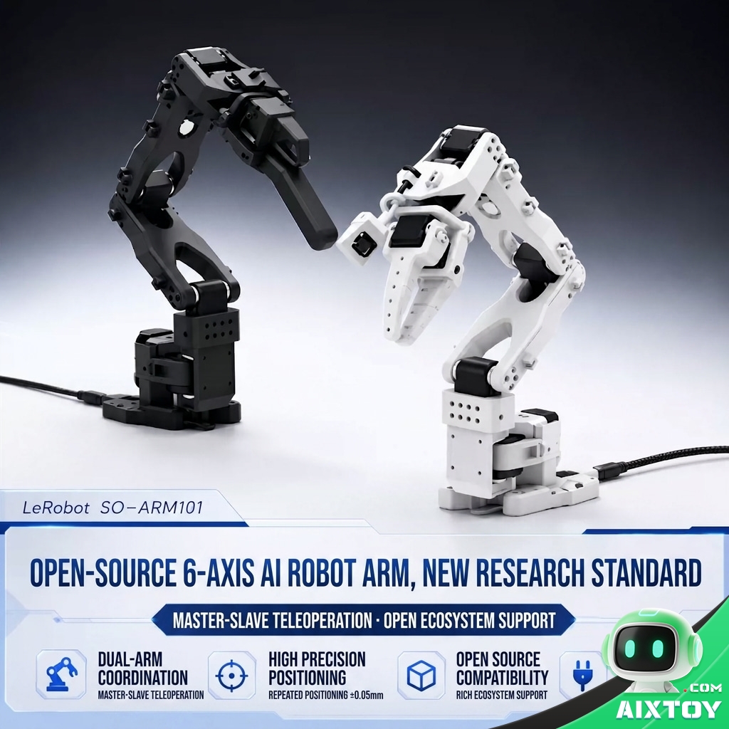 LeRobot SO-ARM101 open-source 6-axis AI robotic arm, a pair of black and white jointed arms facing each other on a white background