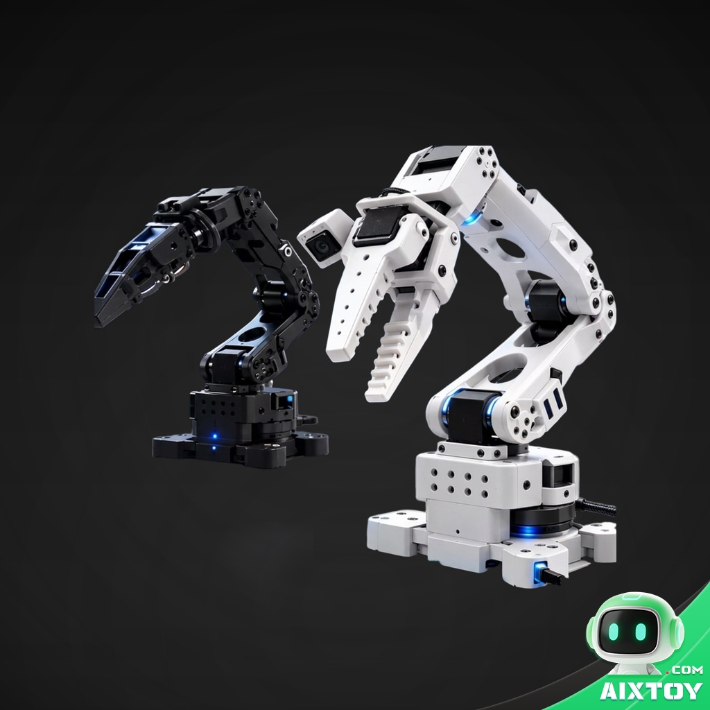 LeRobot SO-ARM101 Open-Source 6-Axis AI Robotic Arm - Embodied Intelligence Kit LeRobot SO-ARM101 open-source 6-axis AI robotic arm, pair of mini 6-axis robotic arms, one white and one black, with jointed aluminium links, square bases and front grippers — studio product photo on a dark background (AIXTOY)