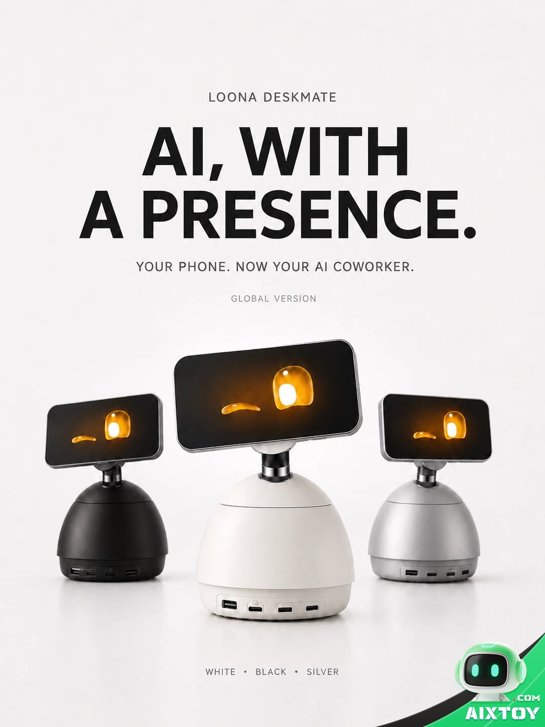 Loona DeskMate promotional image captioned AI with a presence Loona DeskMate promotional image captioned AI with a presence
