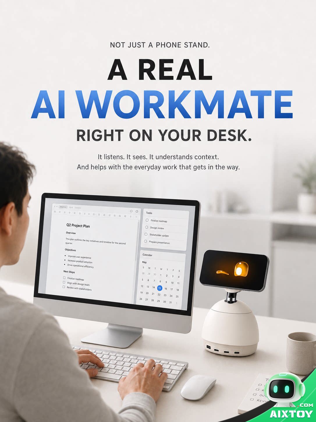 Loona DeskMate promotional image captioned A real AI workmate right on your desk Loona DeskMate promotional image captioned A real AI workmate right on your desk
