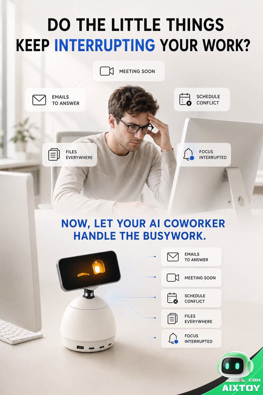 Loona DeskMate promotional image asking do the little things keep interrupting your work Loona DeskMate promotional image asking do the little things keep interrupting your work
