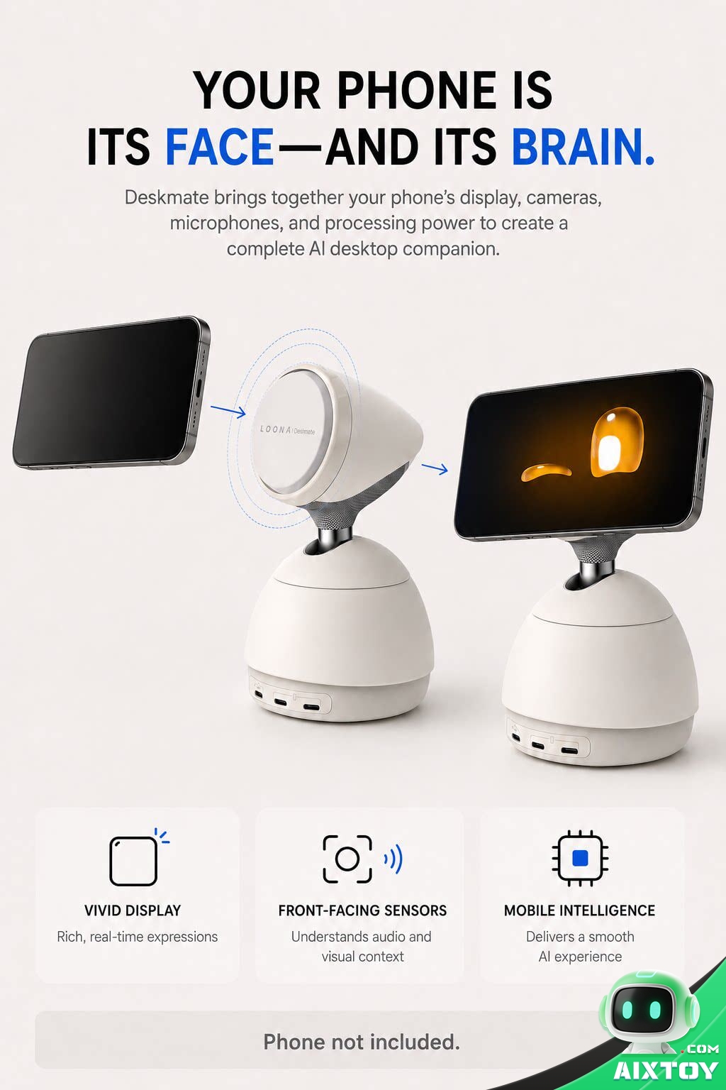 Loona DeskMate promotional image captioned your phone is its face and its brain Loona DeskMate promotional image captioned your phone is its face and its brain