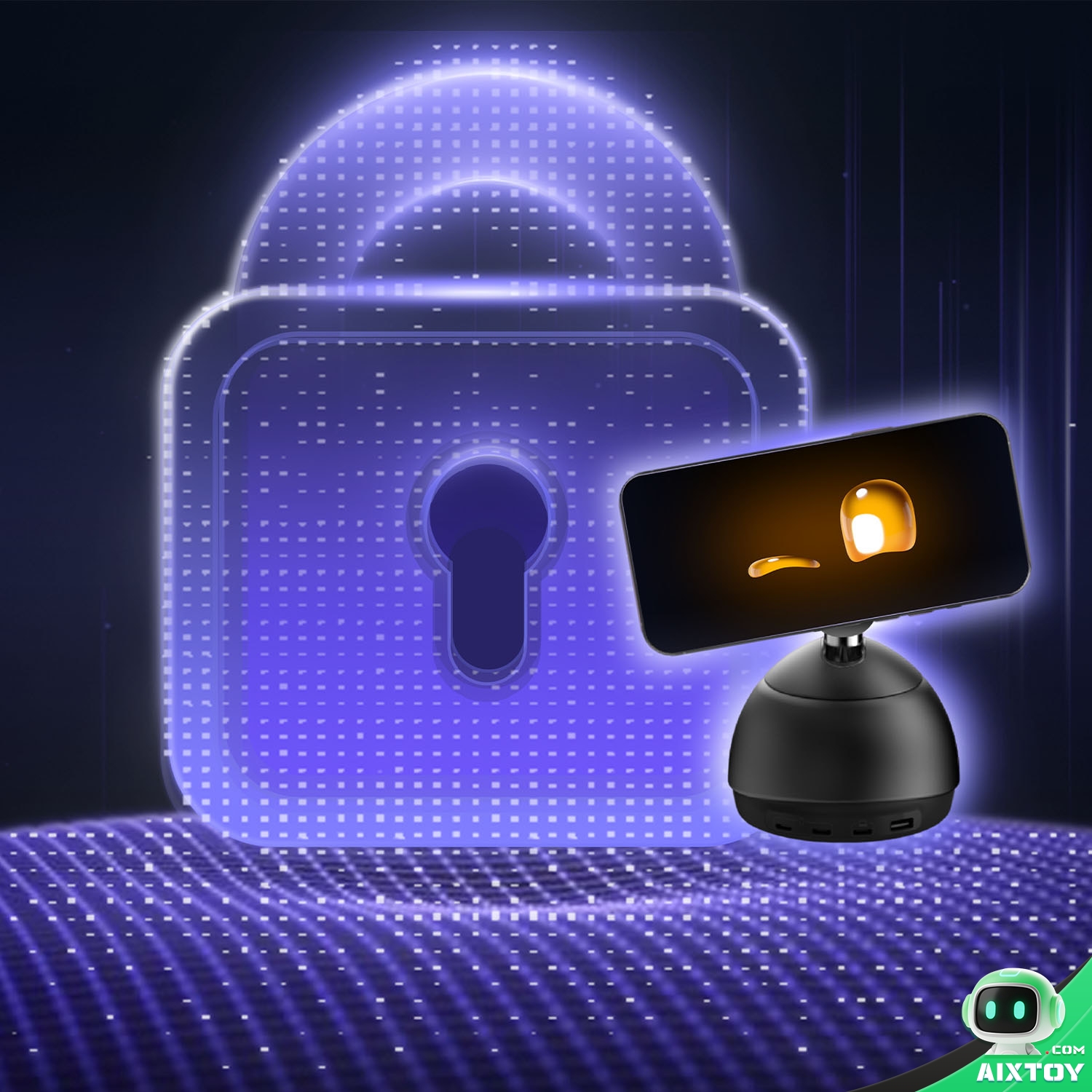 Loona DeskMate - Privacy and On-Device Processing Black Loona DeskMate AI desk robot in front of a glowing blue digital padlock graphic, illustrating on-device privacy and local processing