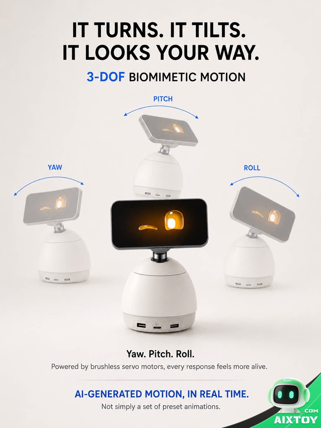 Loona DeskMate - 3-DOF Bionic Motion (Turns and Tilts) Infographic showing the Loona DeskMate tilting and turning its head, labelled to explain its three degrees of freedom bionic motion