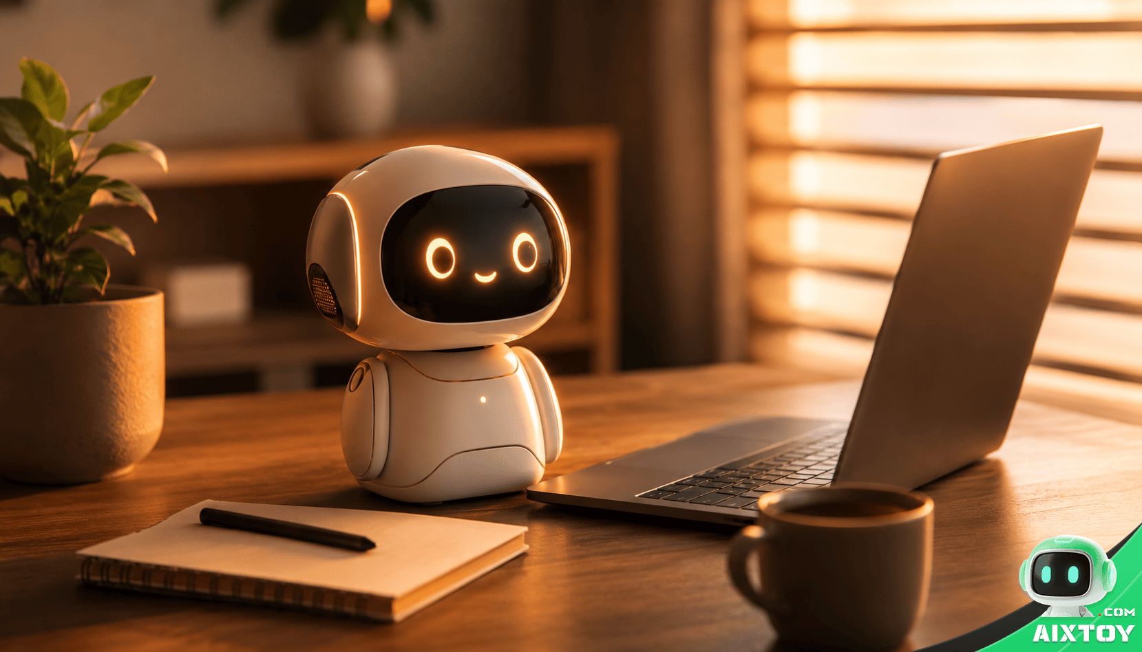 Designer AI toy robot with expressive face in modern desk environment