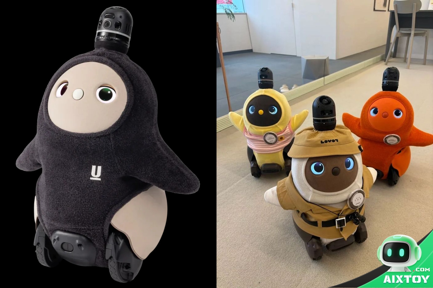 Full-body view of the LOVOT companion robot: a soft plush dome body carried on two driven wheels, two stubby arms, oversized optical eyes and a black sensor column on top of the head, shown next to three units in different colours and outfits