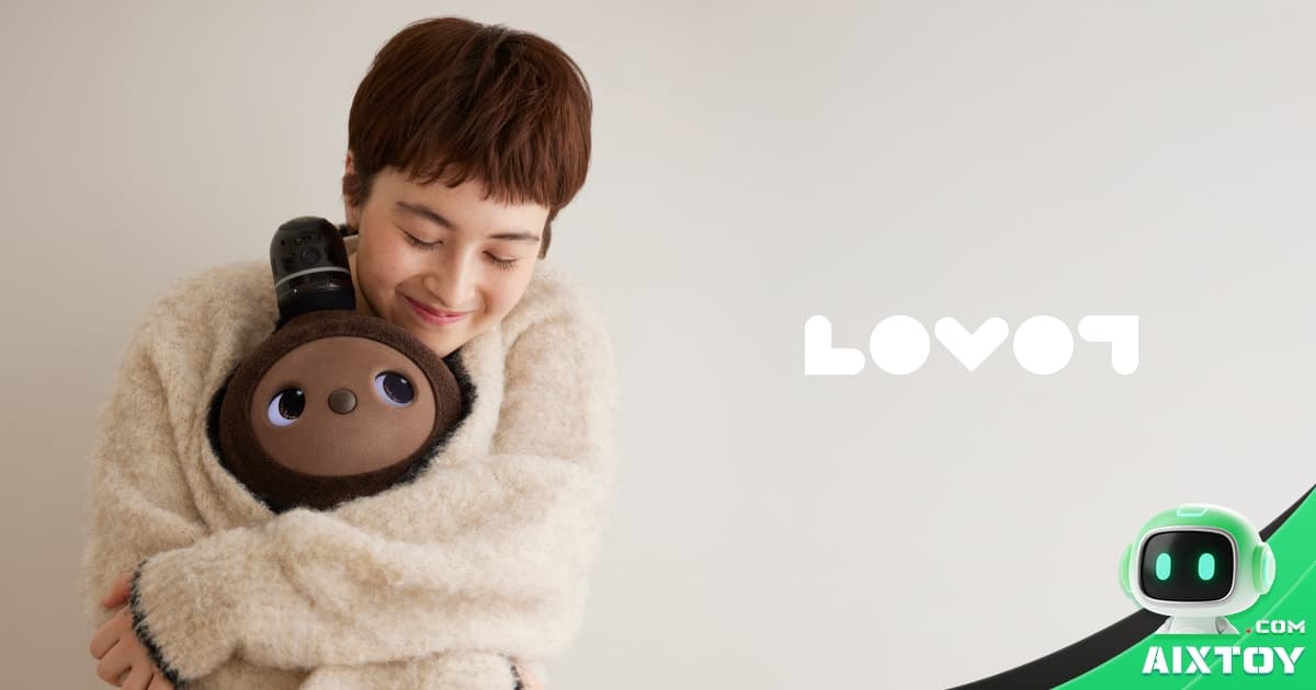 Person cuddling a soft plush robot with a camera on its head against a pale wall.
