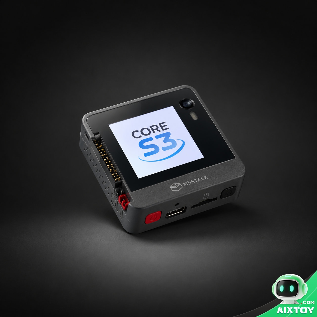 M5Stack CoreS3 ESP32-S3 development kit photographed on a dark studio background