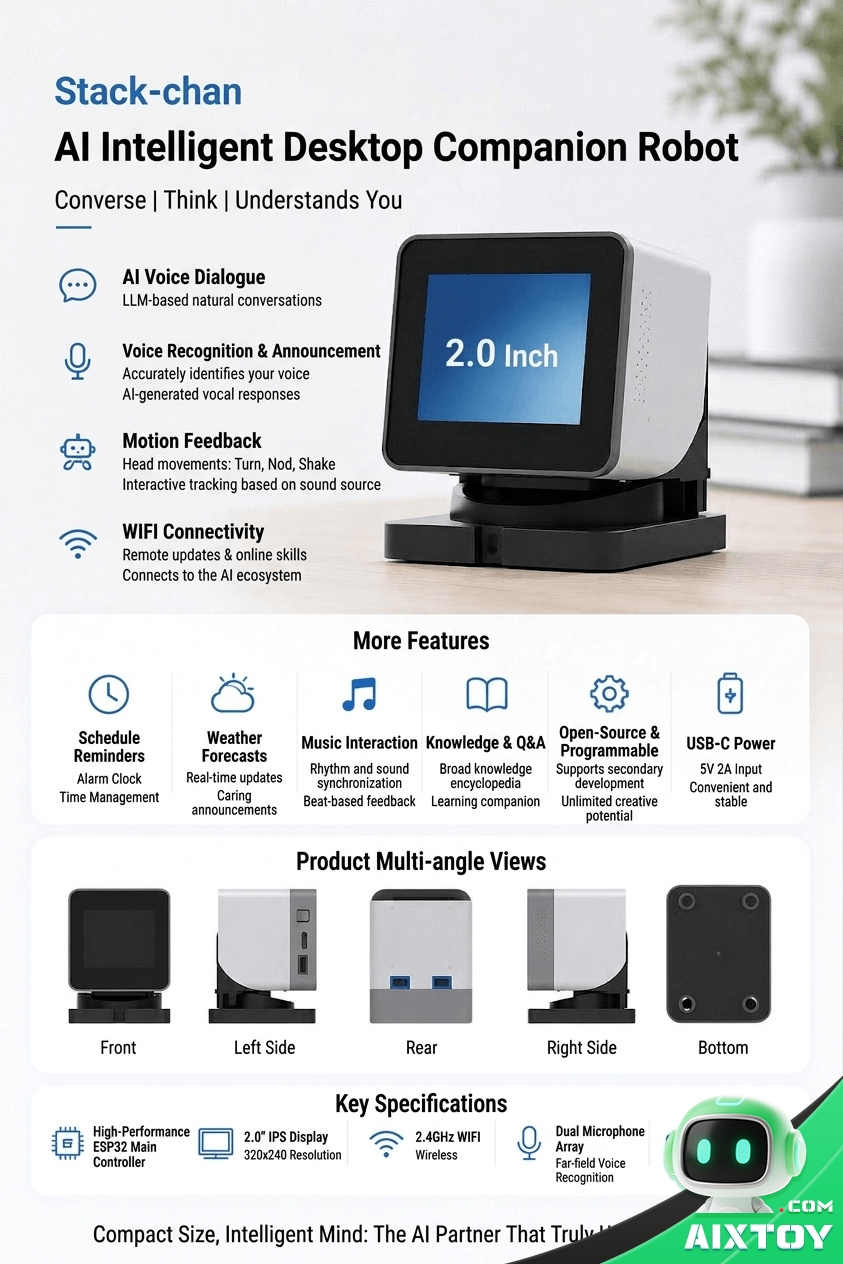 StackChan AI Desktop Robot Overview - AIXTOY StackChan AI desktop robot multi-angle overview with key specifications