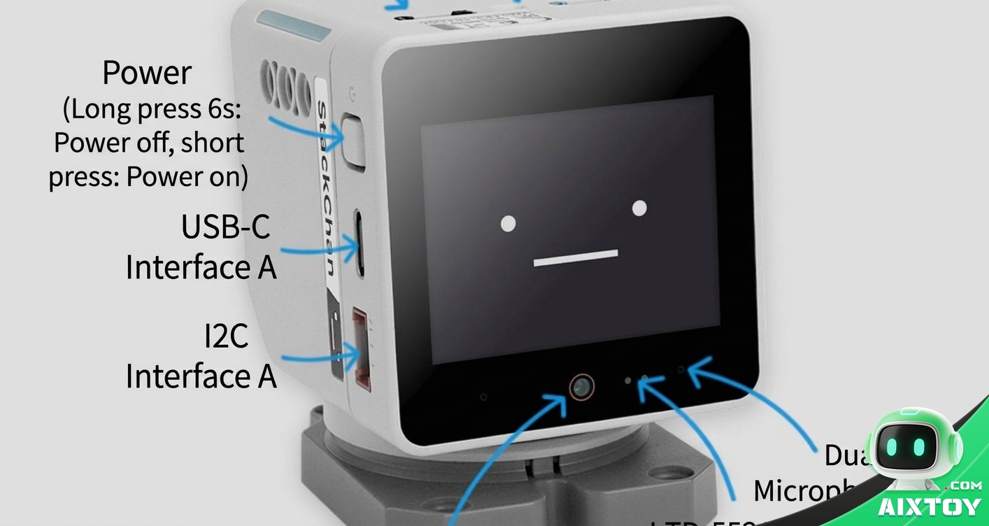StackChan Front Interface Overview - AIXTOY StackChan front interface overview, power button USB-C I2C dual microphone array and camera