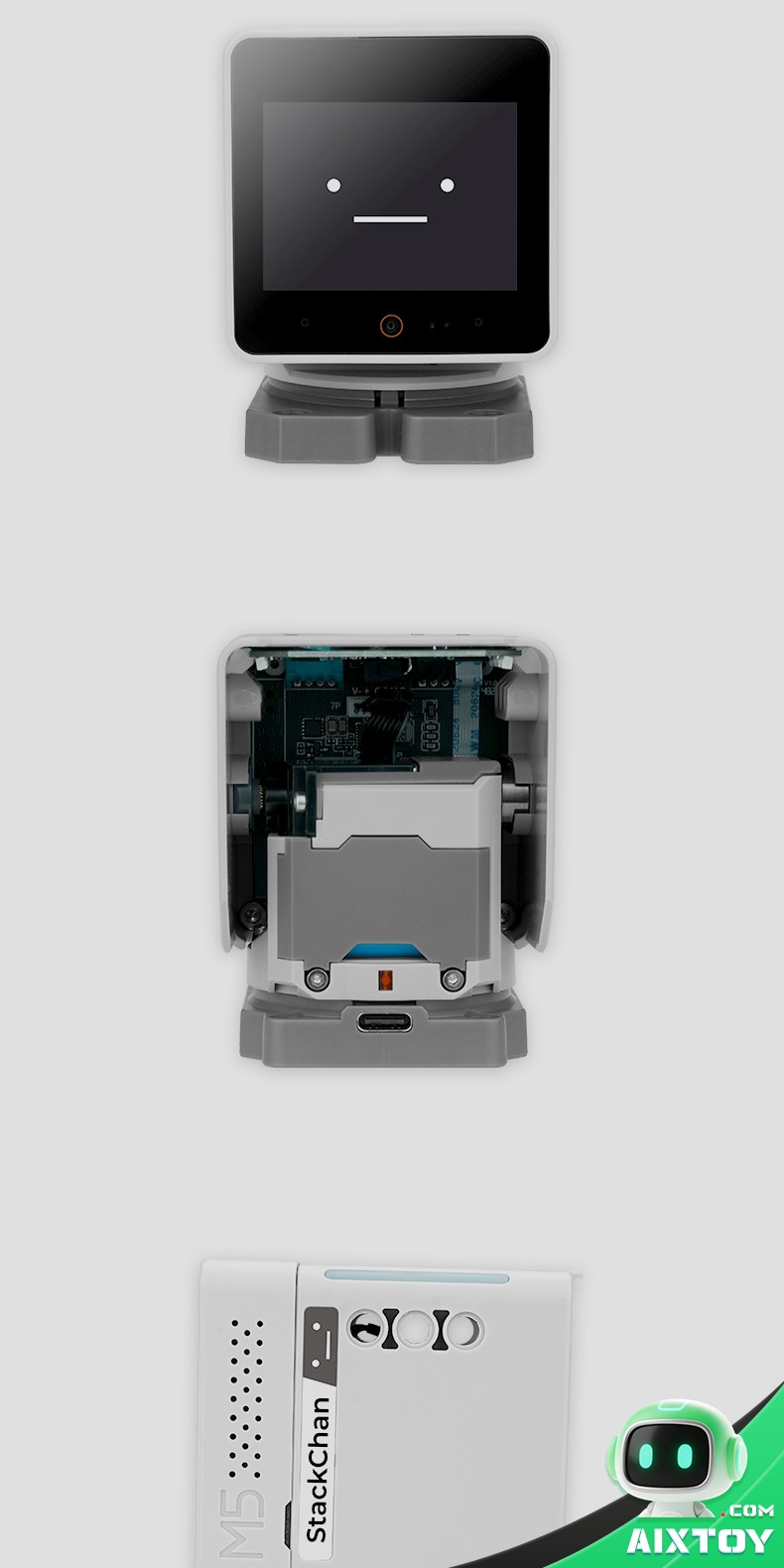 StackChan Multi-Angle Views - AIXTOY StackChan AI desktop robot photographed from multiple angles