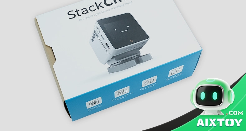 StackChan Retail Packaging - AIXTOY StackChan retail packaging box with feature icons