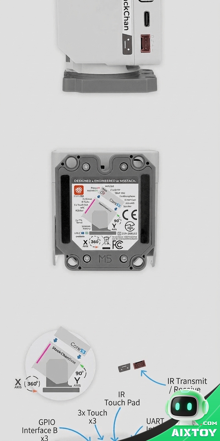 StackChan Specifications Label - AIXTOY StackChan specifications label with ESP32-S3 servos battery and ports
