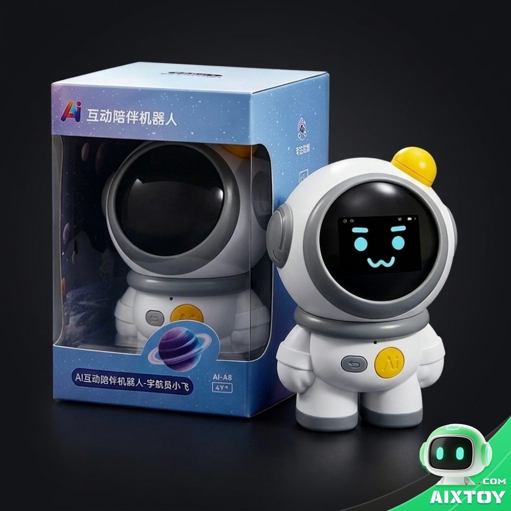 A8 space-themed AI interactive companion robot with astronaut design, white ABS body, gray accents, LCD emotion display screen, and yellow AI activation button on chest