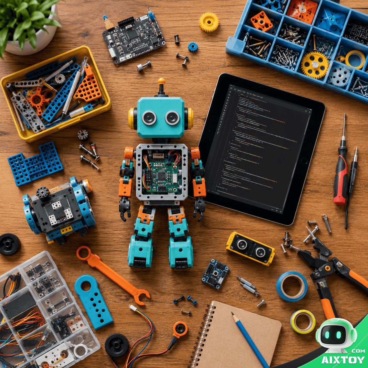 Flat-lay of robot parts, tools, and coding tablet on wooden desk