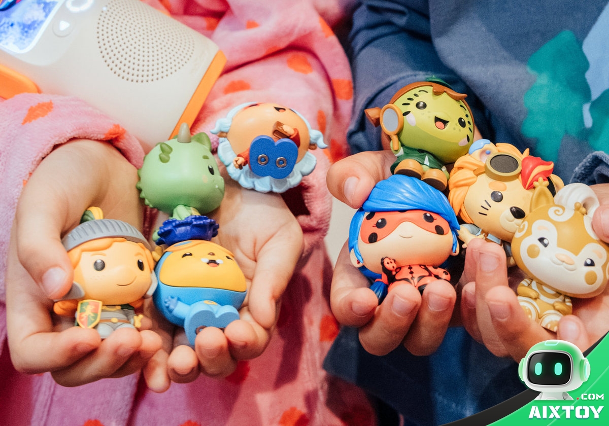 Hands holding a collection of Mallow NFC figurines of different characters used to unlock audio games