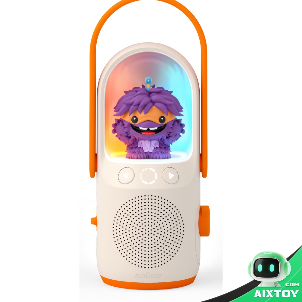 Mallow screen-free AI speaker for children with orange carry handle, glowing dome and a purple plush character on top