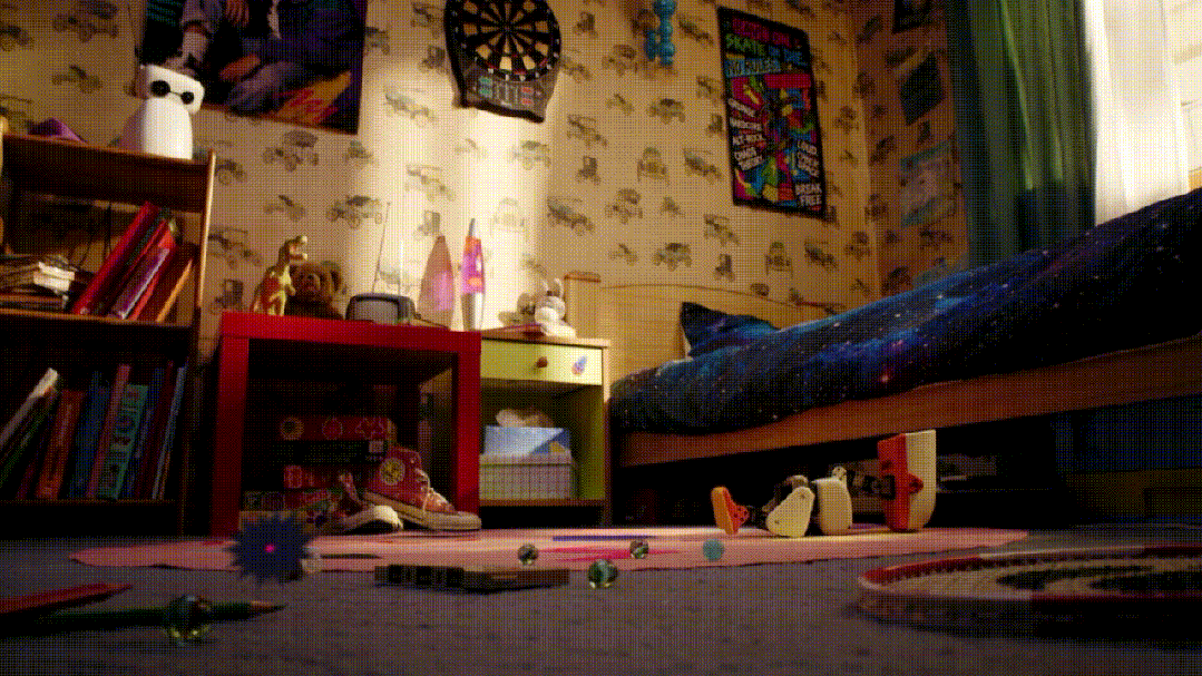 Animated Microduck robot standing in a bedroom setting