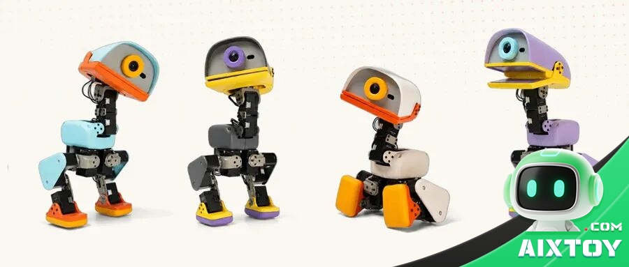 Four Microduck open-source duck robots by Hugging Face in blue, black, white and purple colorways