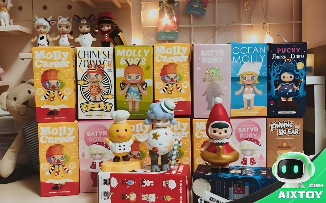 Pop Mart Molly blind box collection displayed on a shelf with warm string lights