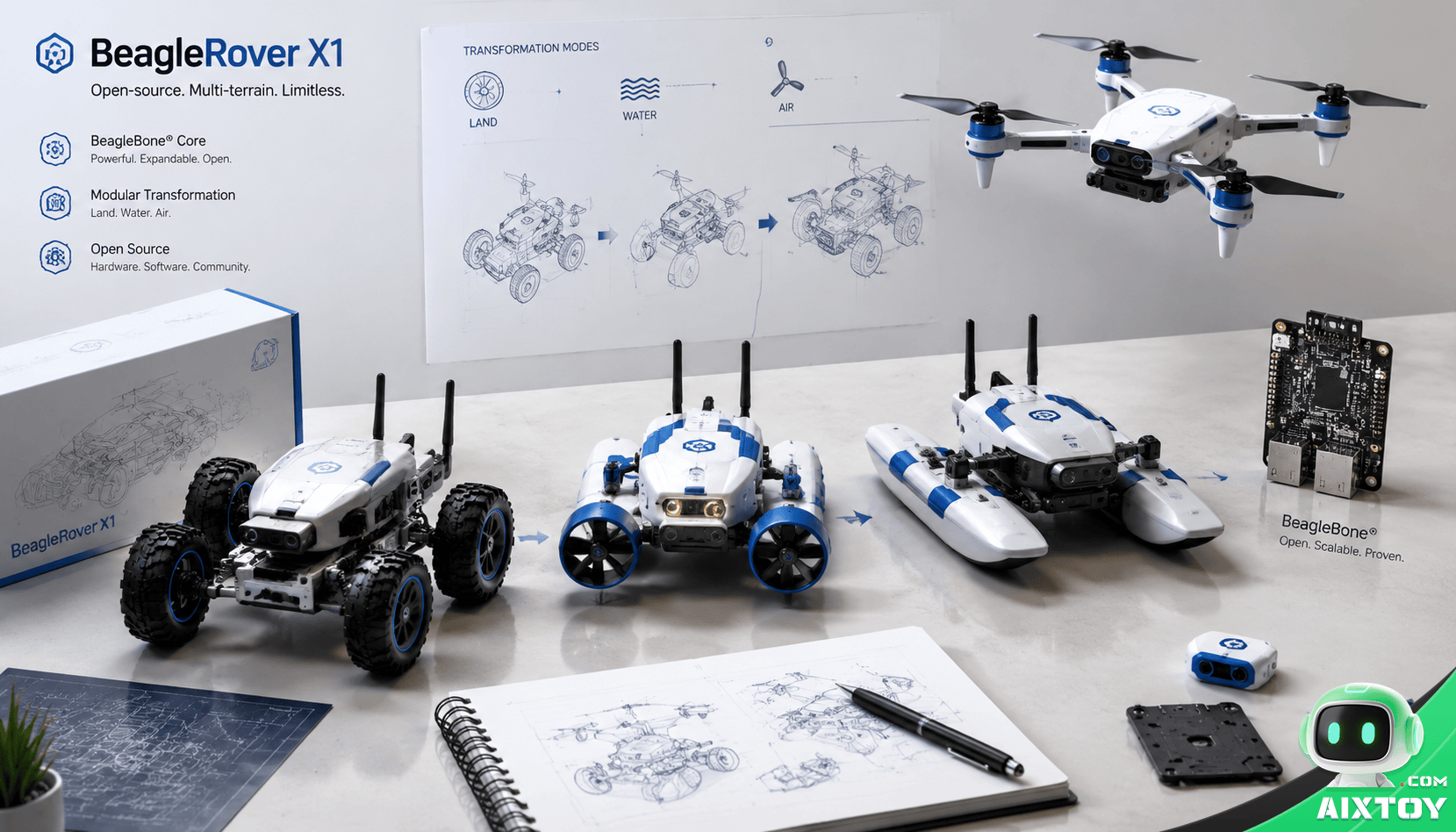 BeagleRover X1 robotics lab: multiple rover models, schematics, and a PCB board on a white workbench with a drone overhead.