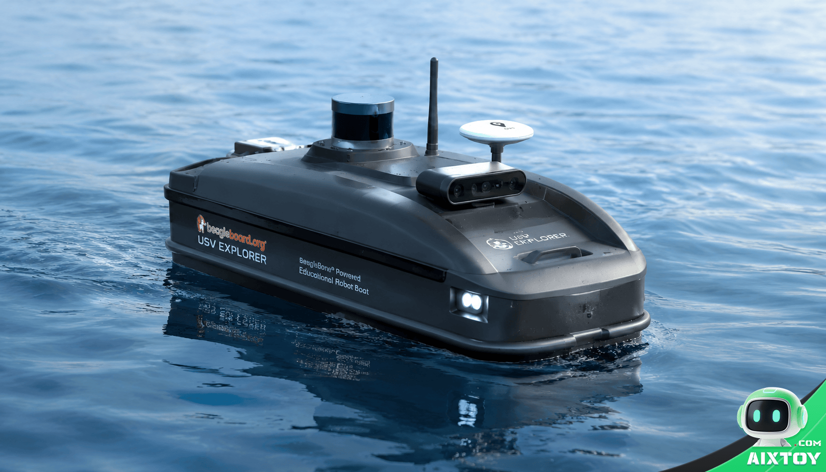 Autonomous marine surface robot with dual propellers waterproof hull GPS sensor array and camera navigating calm water Autonomous marine surface robot with dual propellers waterproof hull GPS sensor array and camera navigating calm water