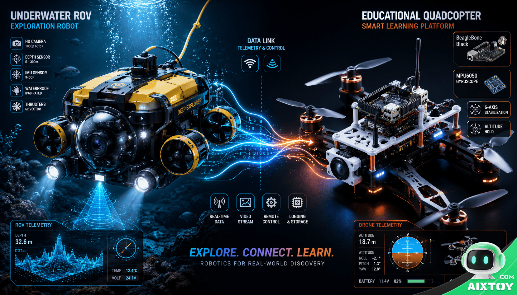 Split composition showing underwater ROV exploration robot with sealed dome camera depth sensors and educational quadcopter drone Split composition showing underwater ROV exploration robot with sealed dome camera depth sensors and educational quadcopter drone