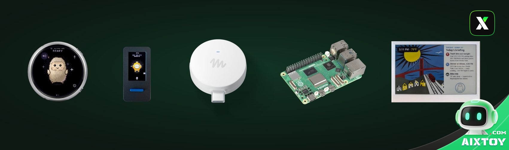 Muse Gadgets supported hardware lineup: Waveshare round AMOLED, M5Stack StickS3, Muse Home Link, Raspberry Pi 5 and Seeed reTerminal E1002
