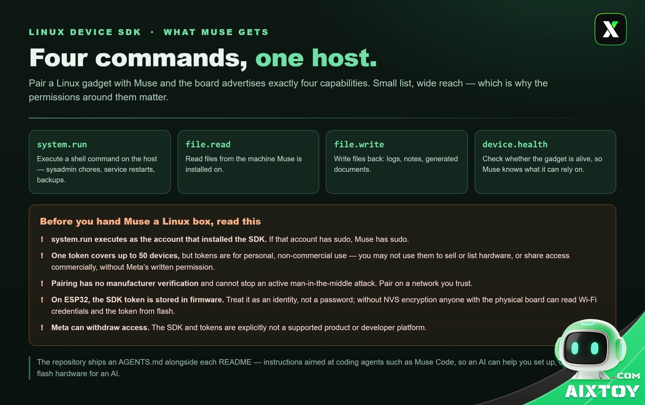 Infographic of the four capabilities the Linux Device SDK exposes to Muse, with permission and security warnings