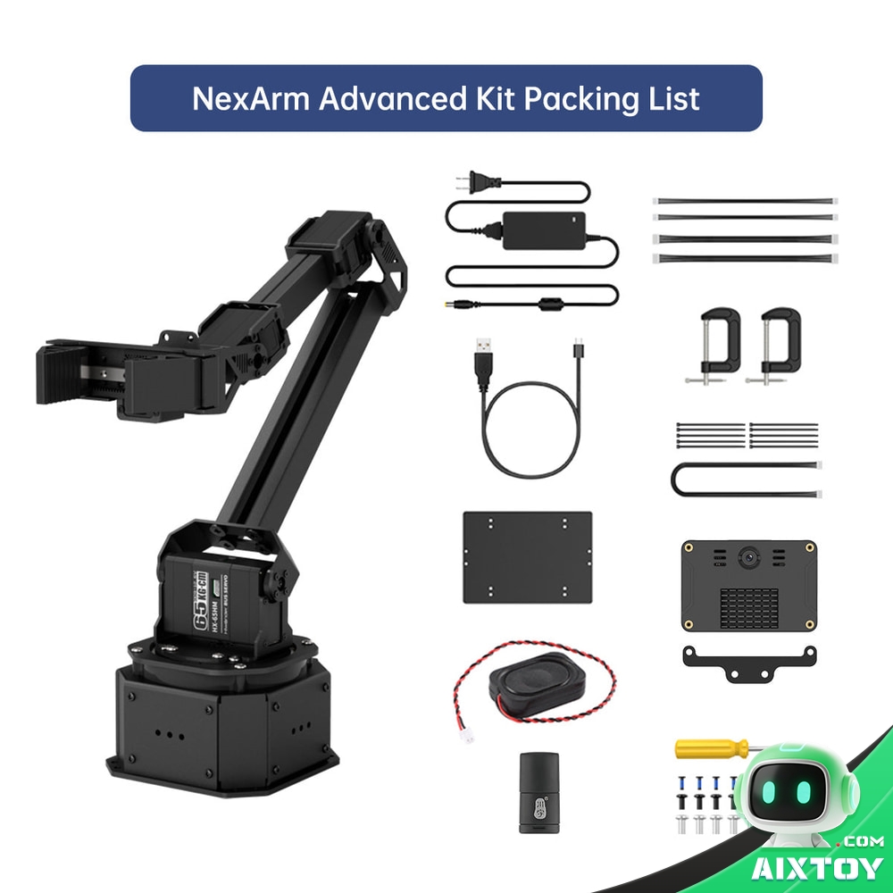 NexArm Advanced Kit — Packing List NexArm Advanced Kit packing list showing the arm plus the K230 AI vision module, mounting bracket, card reader, speaker, module cable and cable ties