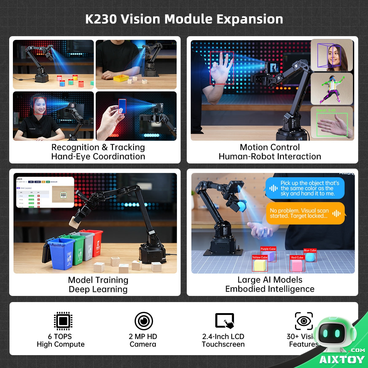Hiwonder NexArm K230 AI vision module with 6 TOPS compute used for object tracking and hand-eye coordination