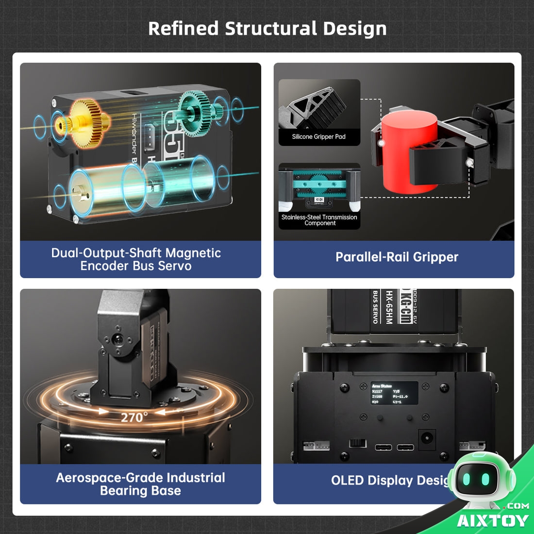 NexArm refined structural design: all-metal frame, parallel gripper and magnetic encoder servos NexArm refined structural design: all-metal frame, parallel gripper and magnetic encoder servos