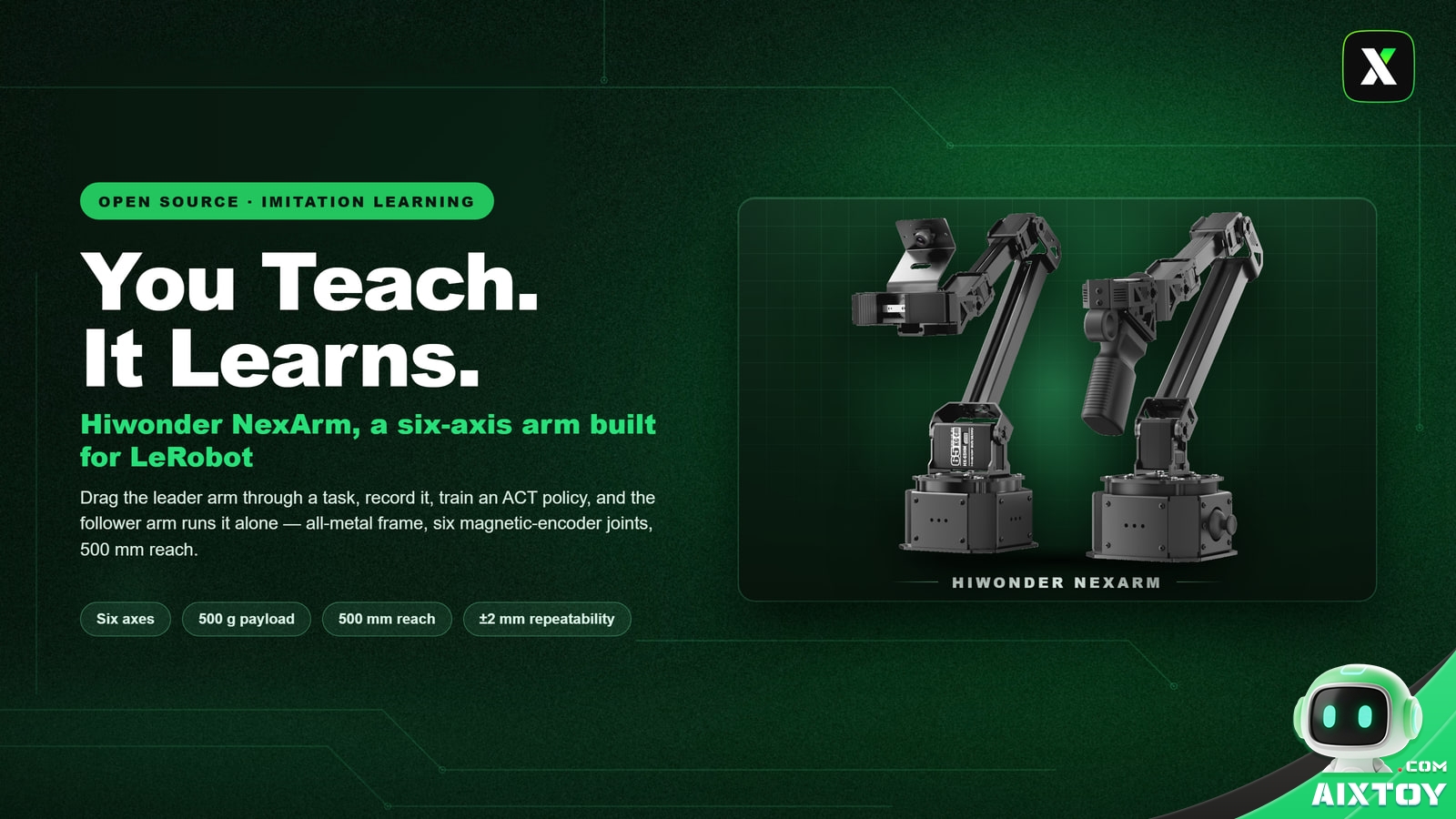 Hiwonder NexArm leader and follower robotic arms on a dark green studio background, with the headline You Teach, It Learns