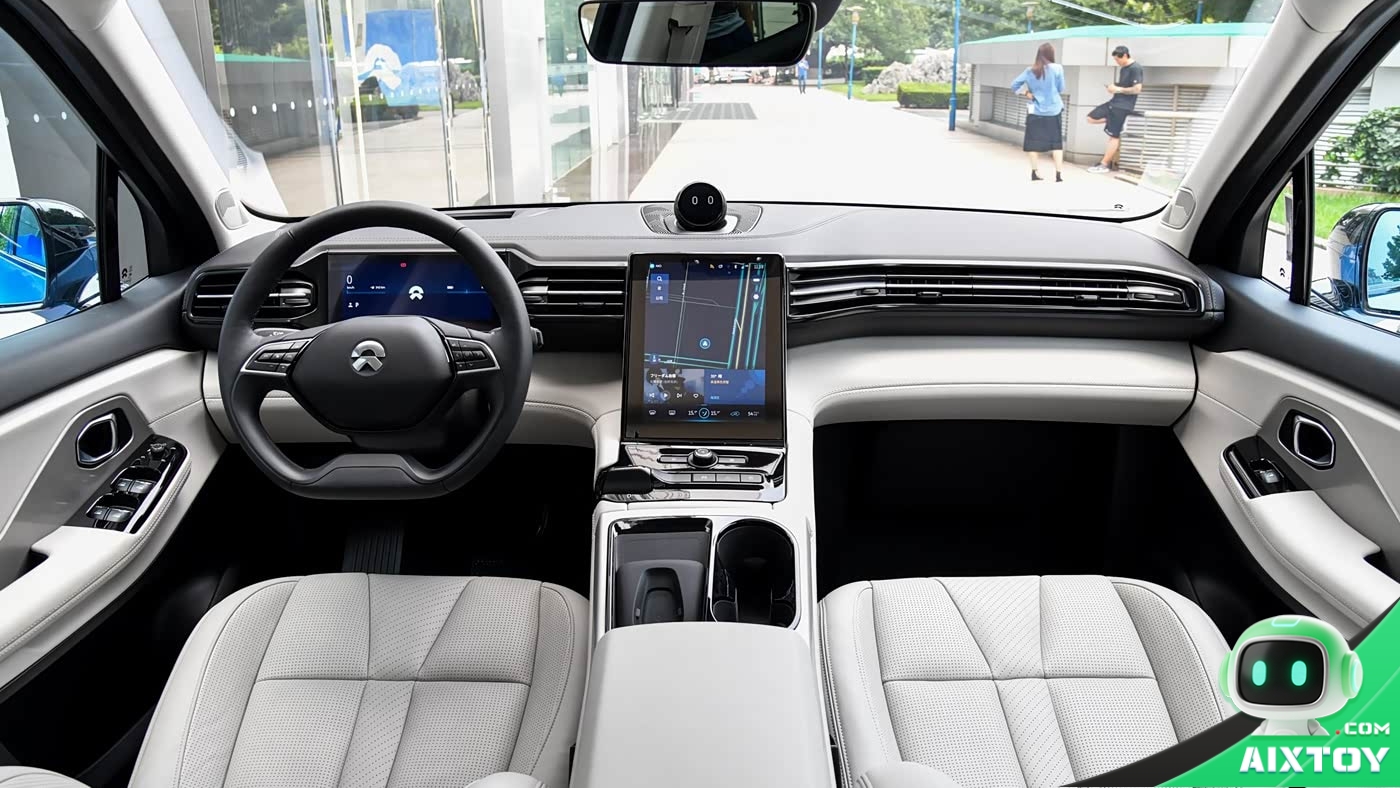 Interior of a NIO ES8 with the NOMI companion mounted on top of the dashboard, flanked by the instrument cluster and centre screen