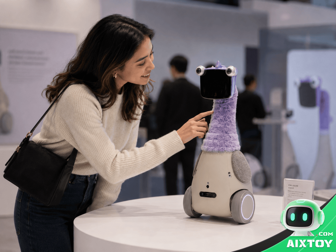 OlloNi cyber pet AI companion robot concept showing expressive design with long neck and round body in modern setting