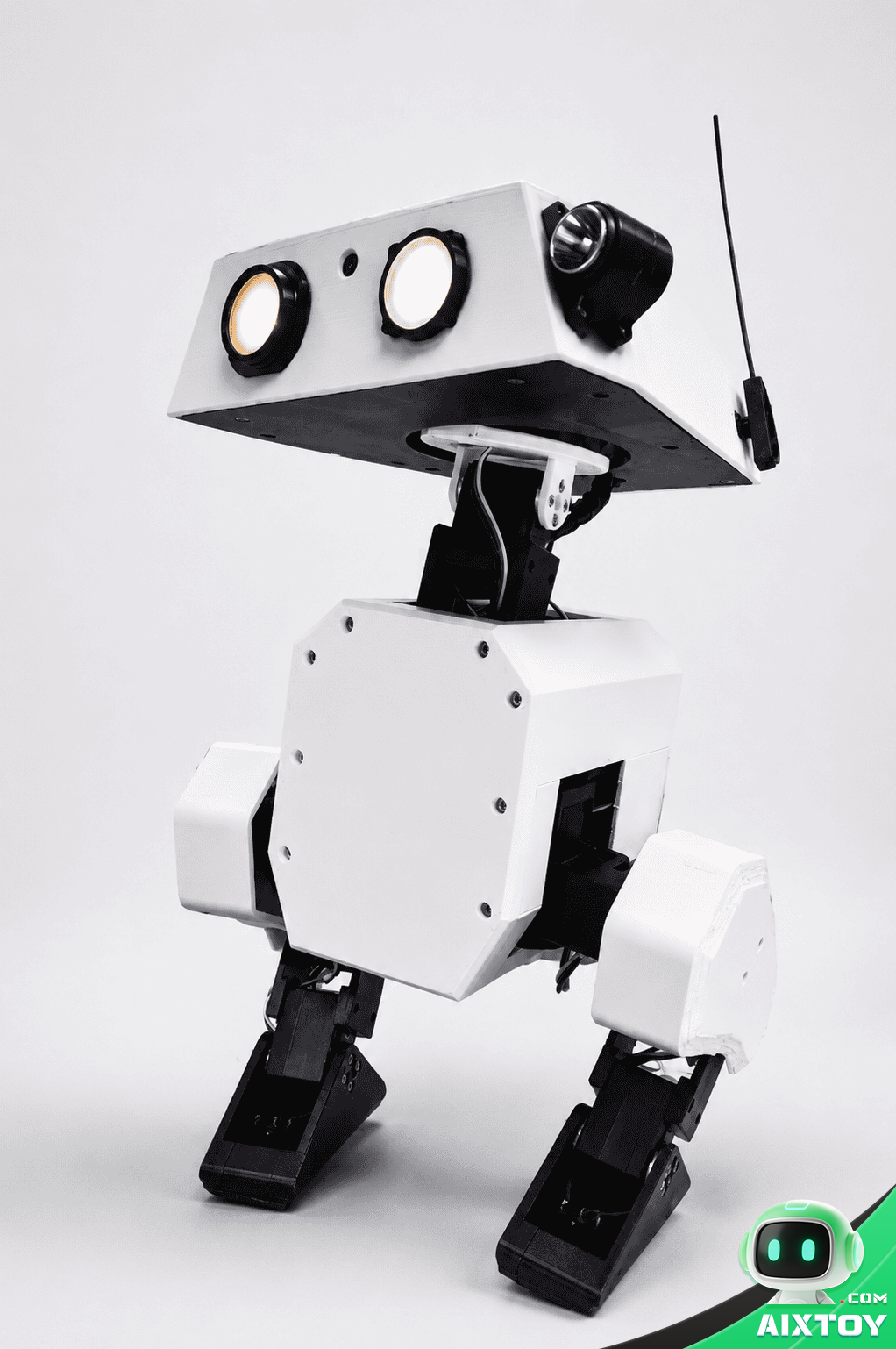 Open Duck Mini v2 white and black bipedal robot