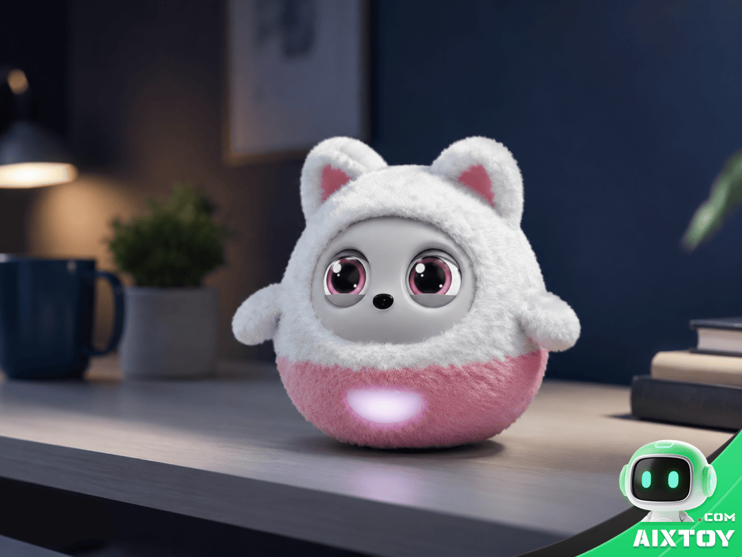 Pophie AI desktop companion robot with expressive eyes and soft body on modern desk showing lifelike presence and spatial awareness