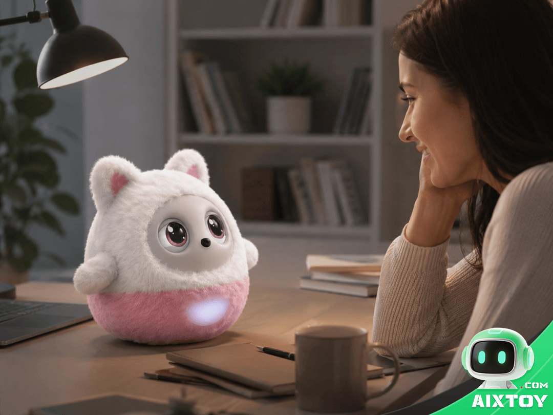 Pophie AI companion placed in home environment on bedside table demonstrating how desktop AI robots integrate into daily living spaces