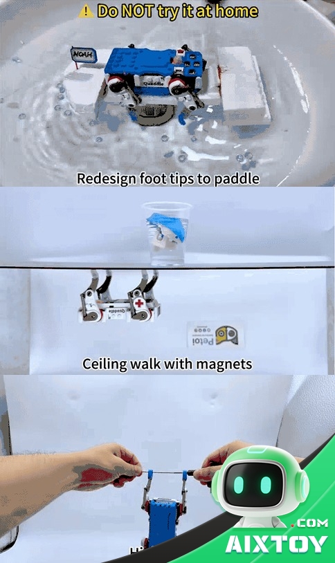 Petoi Quaddle DIY stunts: floating on water, ceiling walking with magnets, high-bar roll