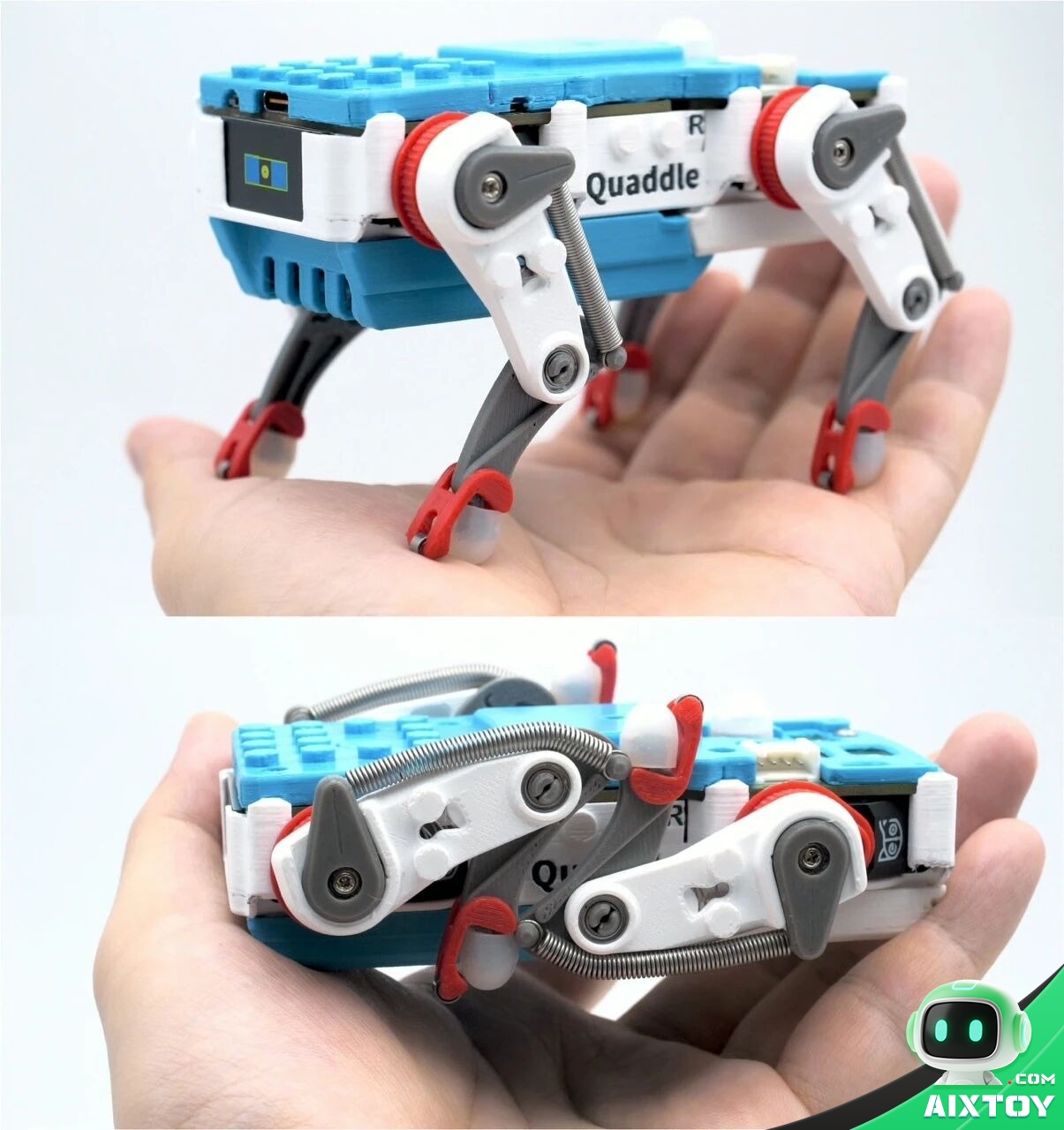 Petoi Quaddle robot dog standing on a palm and folded into compact carry mode
