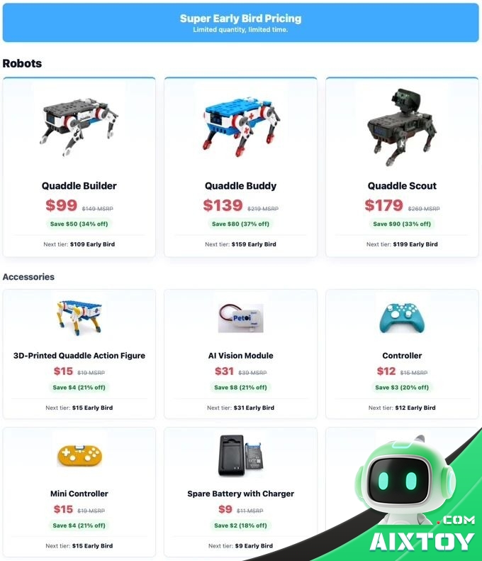 Petoi Quaddle Kickstarter super early bird pricing: Builder $99, Buddy $139, Scout $179