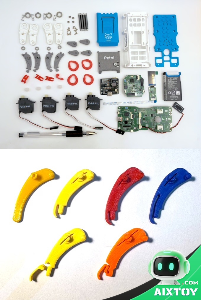 Petoi Quaddle kit contents with P1L servos and 3D-printed legs